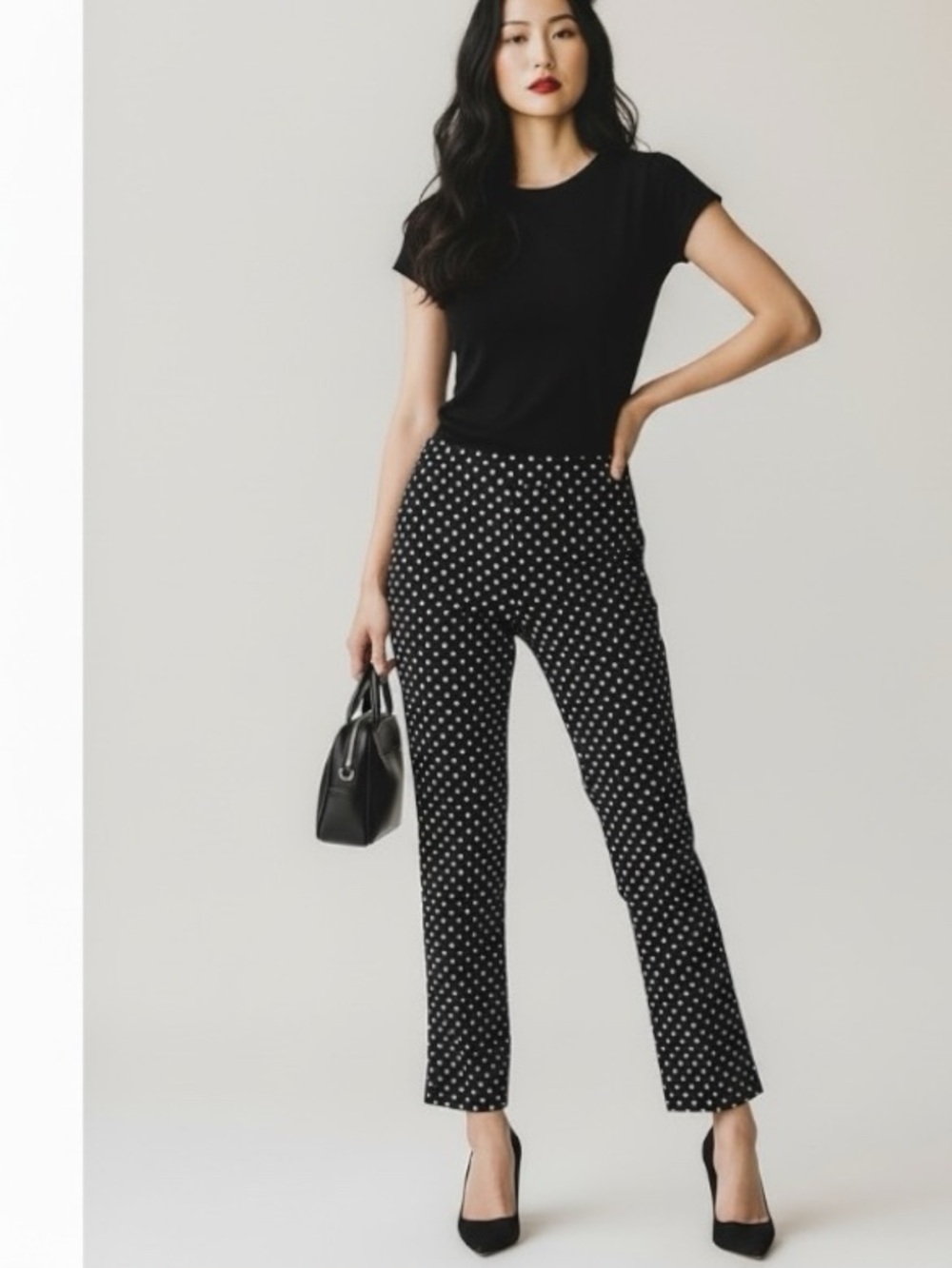 CeCe Vintage-Inspired Polka Dot Cigarette Trousers, Black/White, 10, EUC